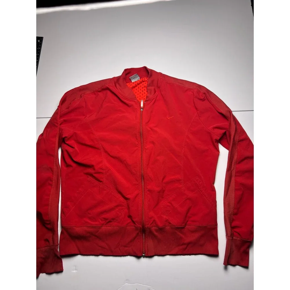 Nike Track Jacket Womens XL Red Full Zip Mesh Lined Ribbed Trim Bomber Style